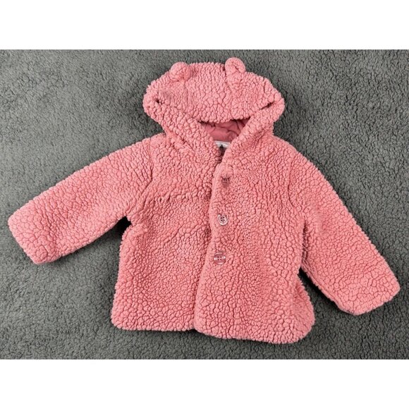 BABY GAP GIRLS 12-18 SHERPA COAT JACKET  PINK HOODED BUTTON EARS 12 18 TEDDY - Picture 1 of 9